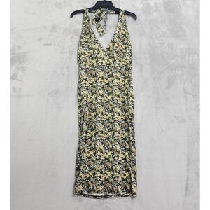 NEW Forever 21 Dress Womens M Black Yellow Floral Halter Bodycon Midi Stretch